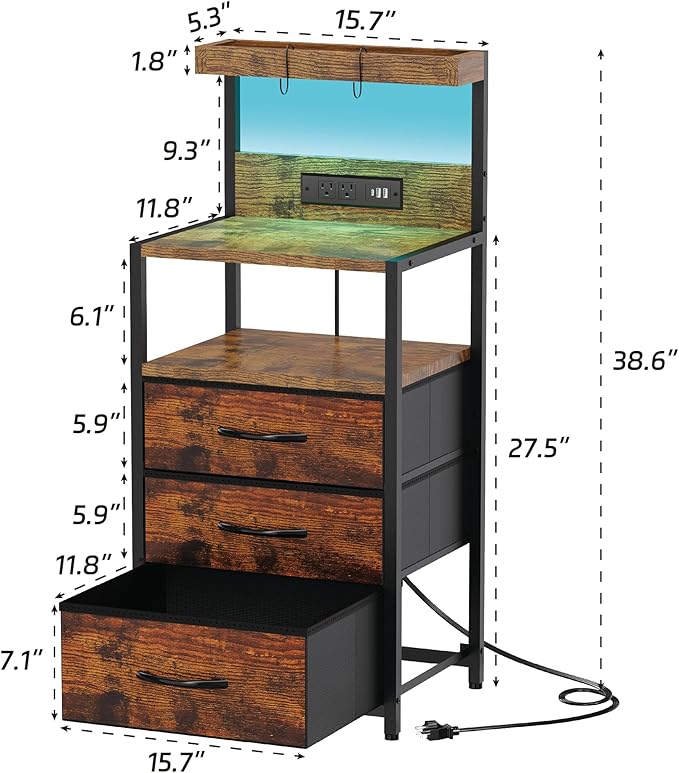 SZLHANJZ Night Stand, Nightstand with Charging Station, 3 Drawers Night Stand with Storage and LED Lights, 3 Shelves and Hooks, End Side Table for Bedroom, Rustic Brown