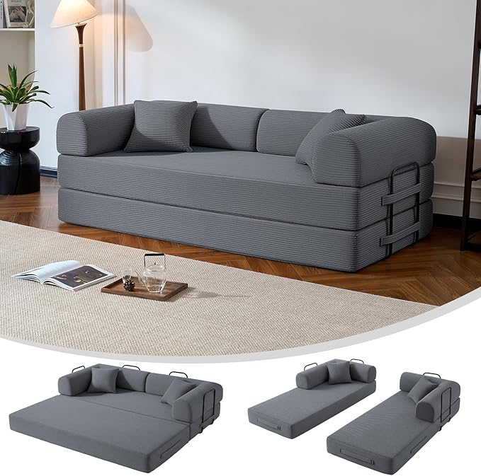 79” Compressed Sofa, 6-in-1 Convertible Sofa Bed, Corduroy Compression Boneless Couch in a Box, Comfy Modular Foldable Floor Sleeper Sofa for Bedroom, Living Room (Dark Gray)