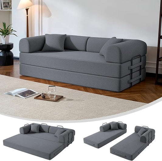 79” Compressed Sofa, 6-in-1 Convertible Sofa Bed, Corduroy Compression Boneless Couch in a Box, Comfy Modular Foldable Floor Sleeper Sofa for Bedroom, Living Room (Dark Gray)