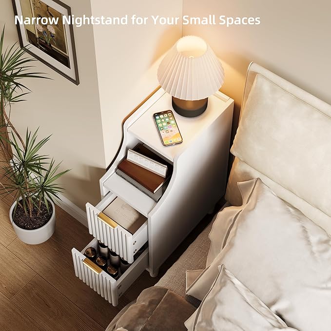 7.9" Narrow Fluted Nightstand Set of 2,Slim Side End Table with 2 Drawers,White Modern Bedside Table,Skinny Night Stand for Bedroom,Small Space