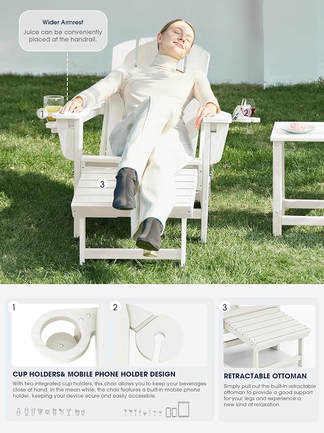KINGYES Folding Adjustable Adirondack Chair with Ottoman & 2 Cup Holders Set of 2, HDPE Adirondack Recliner Chair with Footrest, White