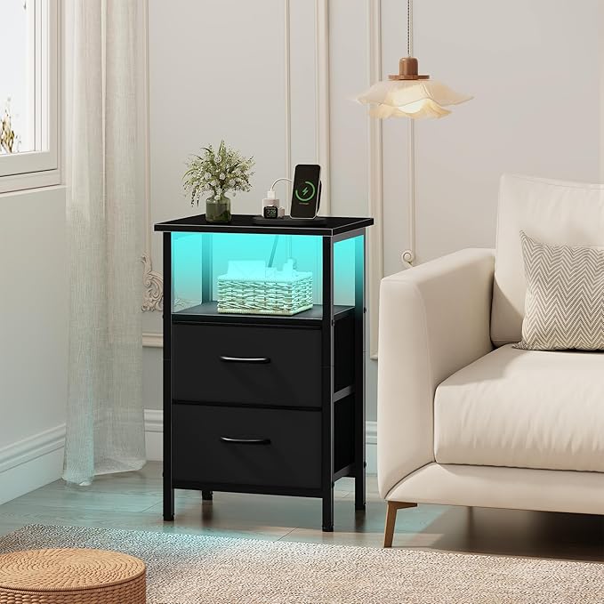 Vagusicc NightStand with Charger Station, LED Night Stand with 2 Fabric Drawers & Storage Shelf, Small Nightstands Bedside Table with USB Ports & Outlets, 24.2" Tall Bed Side Tables for Bedroom, Black