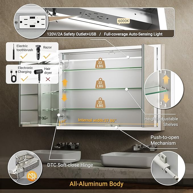 40x30 Recessed or Surface Lighted Medicine Cabinet with Mirror & Clock, Fogless Aluminum Medicine Cabinet with Dimmable Light & Outlet, Anti-fog, Built-in Sensing Light & 3 Adjustable Shelves