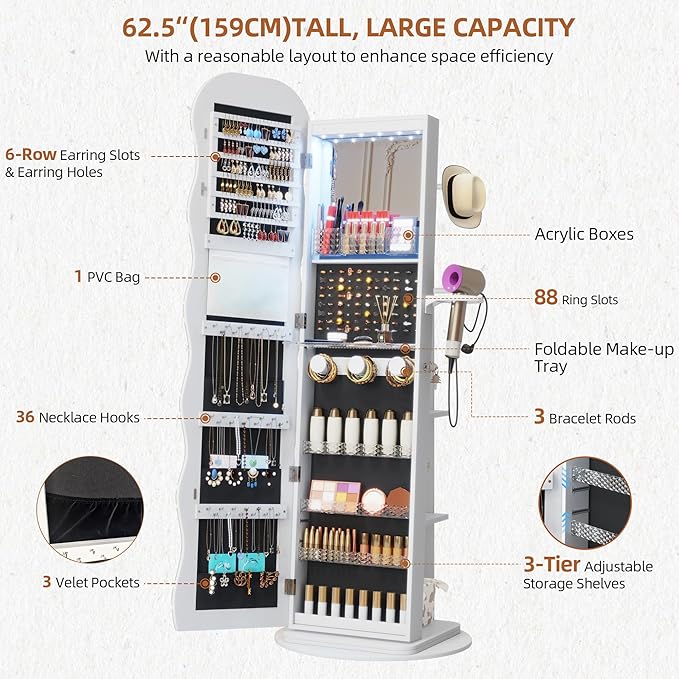 Vlsrka LED Mirror Jewelry Cabinet Standing, 360° Swivel Jewelry Aromire Organizer with Wavy Mirror, Lockable Jewelry Mirror with Storage, Jewelry Cabinet, Interior Mirror, Foldable Shelf (LED White)