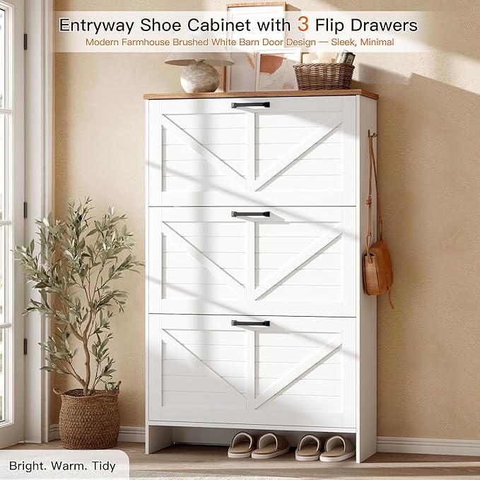Nicetree Shaker Barn Door Shoe Cabinet, 3 Flip Drawers & 3Tier Adjustable Shelves, Ultra Slim Freestanding, Modern Rustic Brushed White Farmhouse Shoe Rack for Entryway, Hallway, Foyer & Mudroom White
