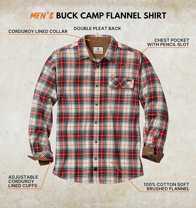 Legendary Whitetails Mens Long Sleeve Button Down 100% Cotton Flannel Shirt