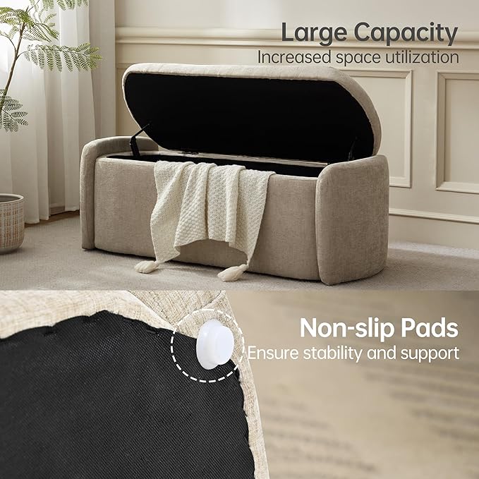 VKNOW 46" Oval Storage Ottoman Bench, Upholstered End of Bed Bench Ottomans Bench Foot Rest, Sherpa Storage Bench for Bedroom, Living Room and Hallway, Light Brown