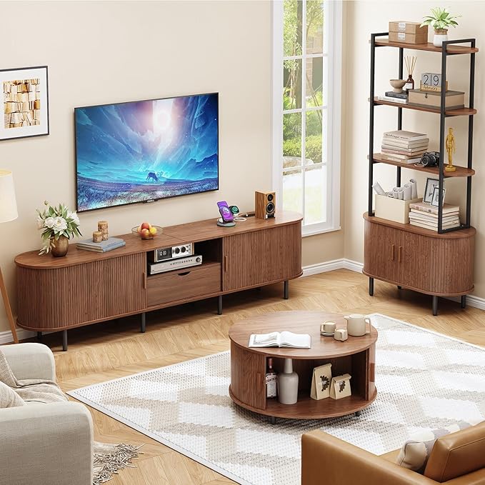 ONBRILL 86.6" TV Stand with Power Outlet for TVs up to 90", Entertainment Center with Storage and Drawer, TV Console with Adjustable Shelves and Sliding Door, TV Stand for Living Room, Bedroom, Walnut