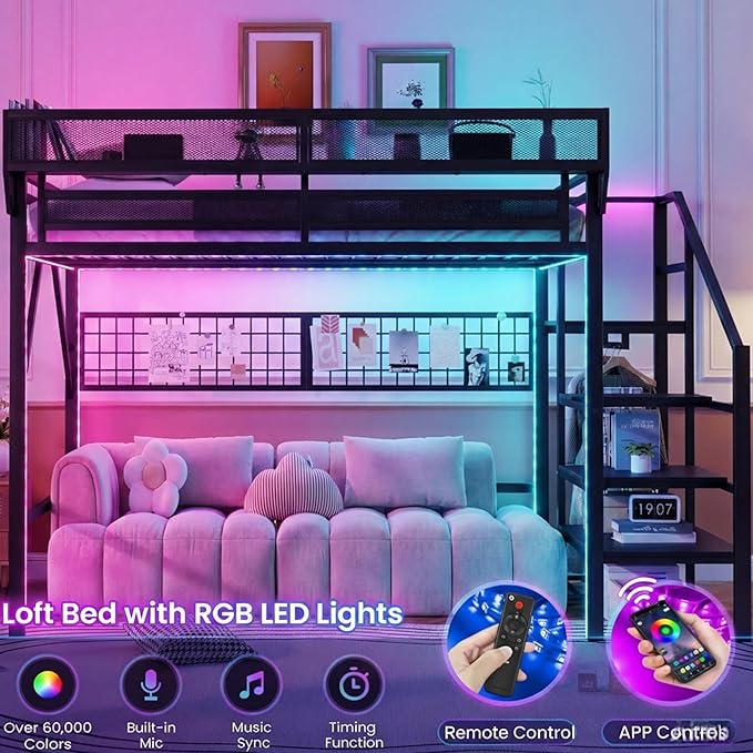 Queen Size Loft Bed with Stairs and LED Light, Metal Loft Bed Frame with Shelf for Adults, Tall Loft Beds with Storage Shelves and Wardrobe for Kids Boys Girls Teens, Convertible Staircase, Black