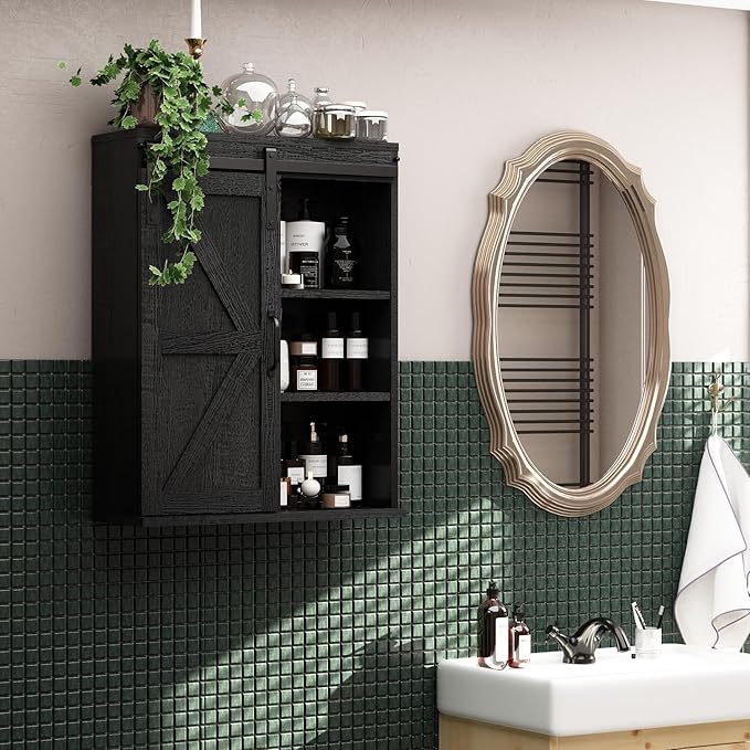 RUSTOWN Farmhouse Wood Wall Storage Bathroom Cabinet with Sliding Barn Door, Rustic Medicine Cabinet with Adjustable Shelf, 3-Tier Vintage Cabinets for Kitchen, Bathroom, Living Room (Black)