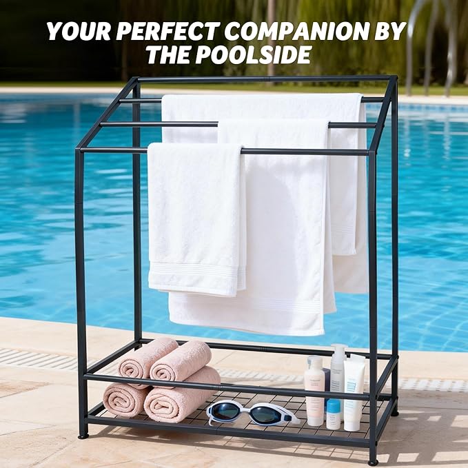 Hjarta Extra Wide 31.5 Inch Standing Towel Rack, Tall 40 Inch Free Standing Towel Rack with Storage Shelf, 4 Tier Towel Stand for Bathroom Outdoor Poolside