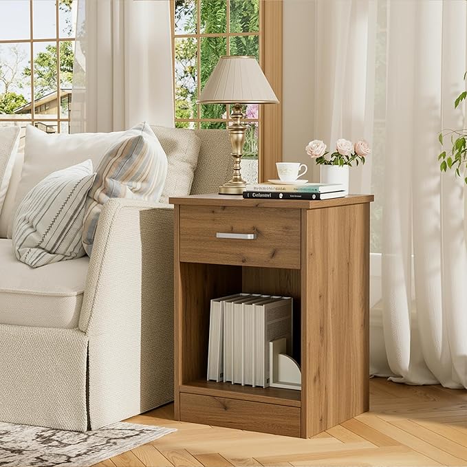 FOTOSOK Nightstand Set of 2, Wood Night Stand Side Table with Drawer and Storage Shelf, Bedside Table End Table, Night Stand for Bedroom, Home Office,Wooden Grain