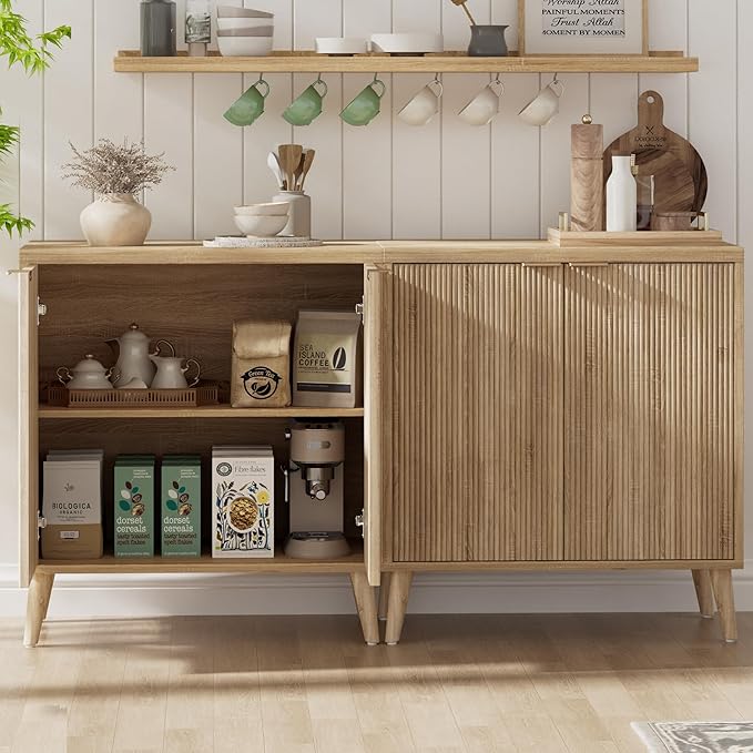 Homleke Buffet Cabinet with Storage, Modern Fluted Accent Sideboard with Doors & Adjustable Shelf, Buffet Table Entryway Cabinets for Living Room, Kitchen, Dining Room, Hallway, Natural