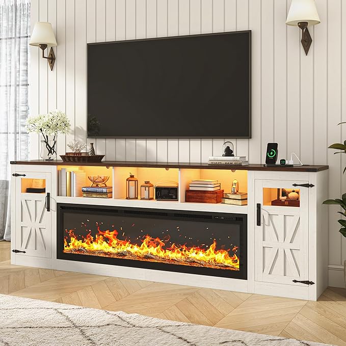 Fireplace TV Stand for 100 Inch TV, 95" Farmhouse Entertainment Center with 60" Electric Fireplace & LED Lights, Large Media Console for Living Room, Rustic Barn Doors, Power Outlets, Antique White