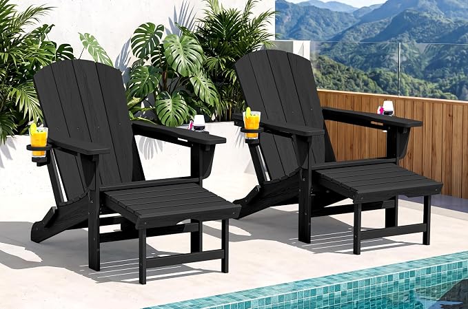 SERWALL Folding Adjustable Adirondack Chairs with Footrest Set of 2, HDPE Outdoor Chair with Dual Cup Holders, All Weather Adirondack Chair with Ottoman, Black