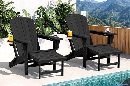 SERWALL Folding Adjustable Adirondack Chairs with Footrest Set of 2, HDPE Outdoor Chair with Dual Cup Holders, All Weather Adirondack Chair with Ottoman, Black