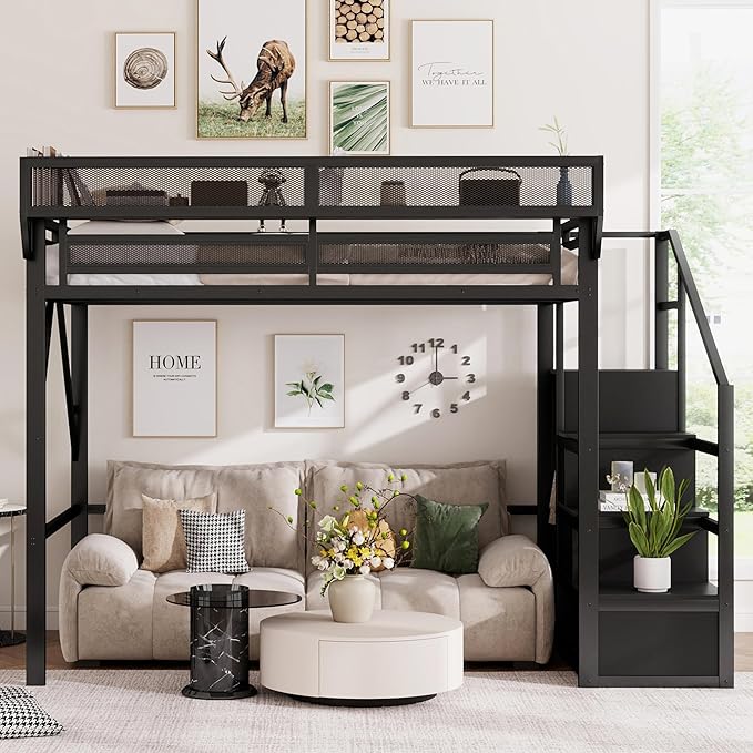 Mirightone Full Size Loft Bed with Stairs and Storage, Metal Loft Bed Frame with Bedside Shelf and Large Under-Bed Space, Heavy-Duty Loft Beds for Adults Teens and Kids, Convertible Staircase, Black