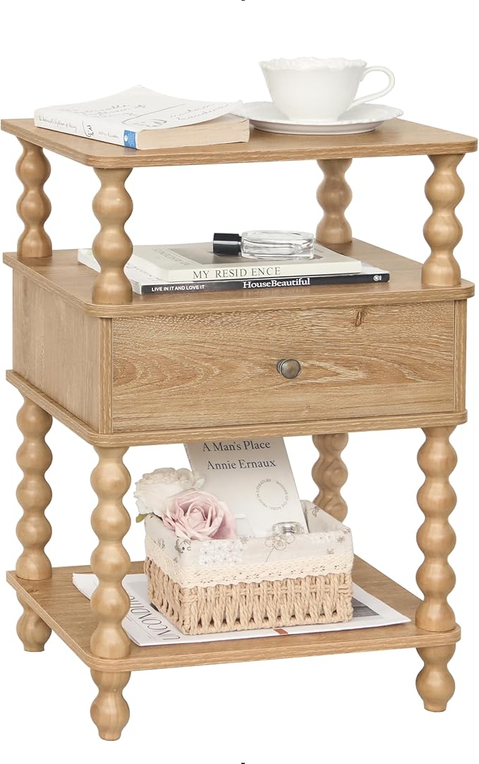 AWASEN Night Stand with Drawer, Bedside Table with Storage, 3-Tier Small Nightstand End Table for Bedroom with Solid Wood Spindle Legs, Rustic Walnut