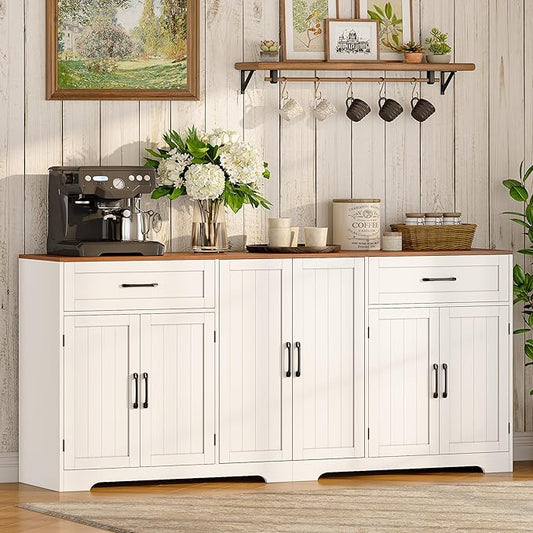 Whalefall 71" Farmhouse Sideboard Buffet Cabinet with Storage, Large Coffee Bar with 2 Drawers & 6 Doors, Kitchen Storage Credenza with Adjustable Shelves for Dining Room, White