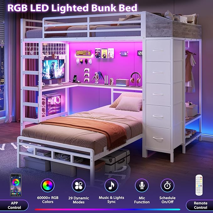 VIAGDO Bunk Bed Twin Over Twin with Hall Tree, Charging Station and LED Lights, L-Shaped Bunk Bed with Desk, 5 Storage Drawers, Twin Bunk Beds with Guardrail & Stairs, No Box Spring Needed, White
