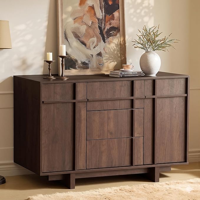 Sideboard Buffet Cabinet with Storage, 47.2" Large Sideboard with 2 Doors& 3 Drawers, Mid Century Modern Credenza with Skeleton line&Wood Grain for Living Room, Kitchen and Entryway, Walnut