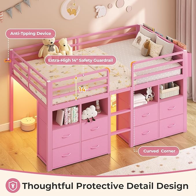 ADORNEVE Low Loft Bed Twin Size with 8 Storage Drawers, Twin Loft Bed with Bookcase and LED Lights, Metal Kids Loft Bed with 14" H Safety Guardrail, Under-Bed Play Space, No Box Spring Needed, Pink