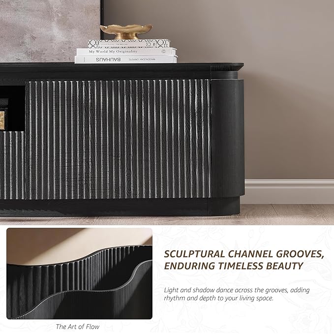 70" Fluted TV Stand for TVs Up to 80", Mid Century Modern Entertainment Center with Drawer, Storage Cabinet, Open Shelf, Wood Low Profile Media TV Console for Livingroom, Black