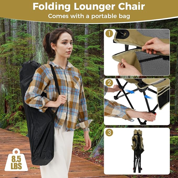 Goplus Camping Lounge Chair w/Detachable Footrest, Folding Beach Chair w/4-position Backrest, Carrying Bag, Removable Pillow, Cup Holder, Storage Pouch, Reclining Chair, 330LBS Capacity (Green,2)