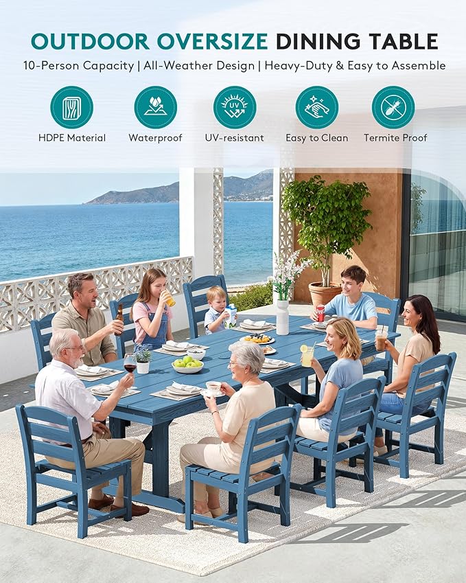 SERWALL Outdoor Armless Dining Chairs Set of 2, All-Weather HDPE Patio Chair with 19.7" Widened Seat, for Backyard, Garden, Blue