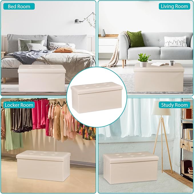SUPER DEAL Folding Storage Ottoman Bench, 30 Inches Footrest Storage Bin with Padded Seat, Entryway Shoe Bench for Living Room Bedroom, 30"x15"x15", Faux Leather, Beige