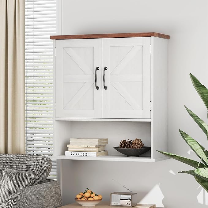Smuxee Farmhouse Bathroom Cabinet Wall Mounted, White Small Medicine Cabinet with Adjustable Shelf, Bathroom Cabinet for Living Room, Laundry Room