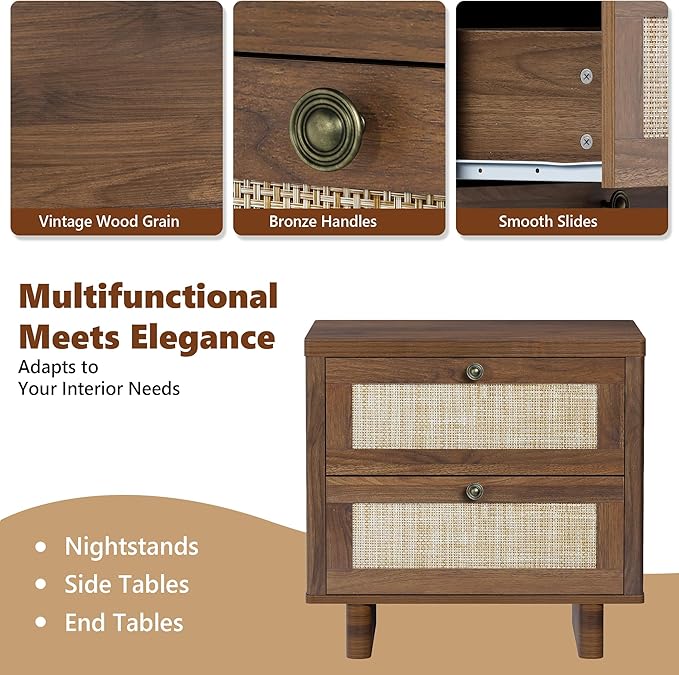 LAZZO Nightstands Set of 2, Mid Century Modern Night Stand with Rattan Drawers, Walnut Nightstand Bedside Table Set of 2, End Table for Bedroom (Walnut)