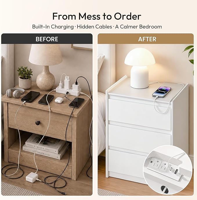 24" Tall Nightstand with Charging Station Including USB-C, Modern Bedside Table and Sofa End Table - White, 3 Drawers, 1-Pack