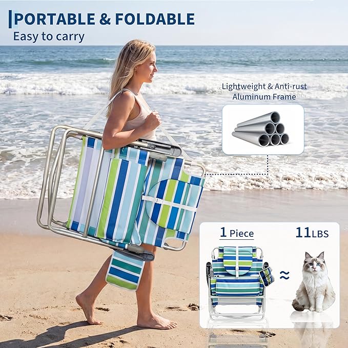 GarveeLife Backpack Beach Chair for Adults, Lightweight Portable Lay Flat Folding Beach Chair with 5 Reclining Positions, Backpack Straps, Phone Pocket (with Face Hole - 2 Pack)