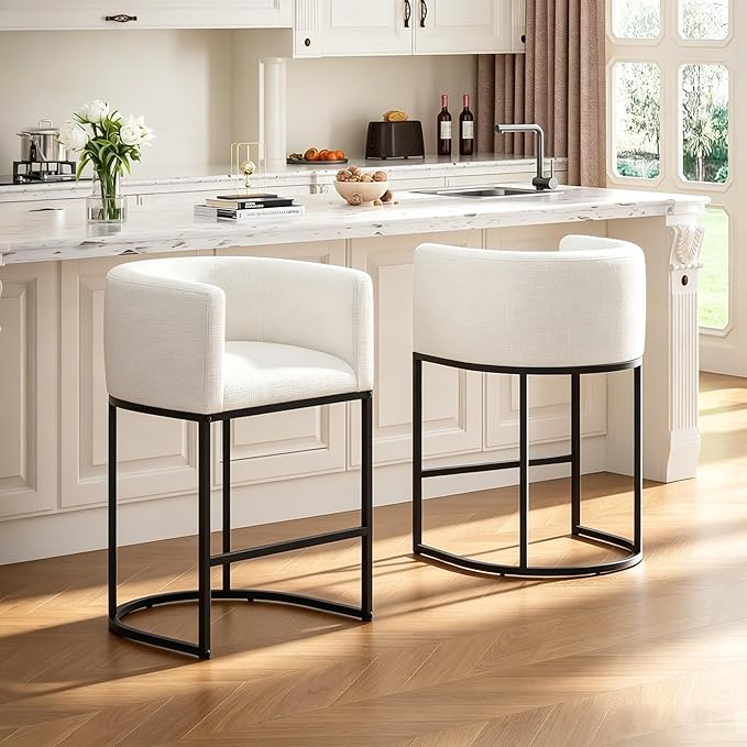 26" H Counter Height Bar Stools Set of 1, Modern Barrel Counter Stools with Backrest and Arms, Linen Fabric Upholstered Accent Barstools for Kitchen Island,Support 450 LBS (White)