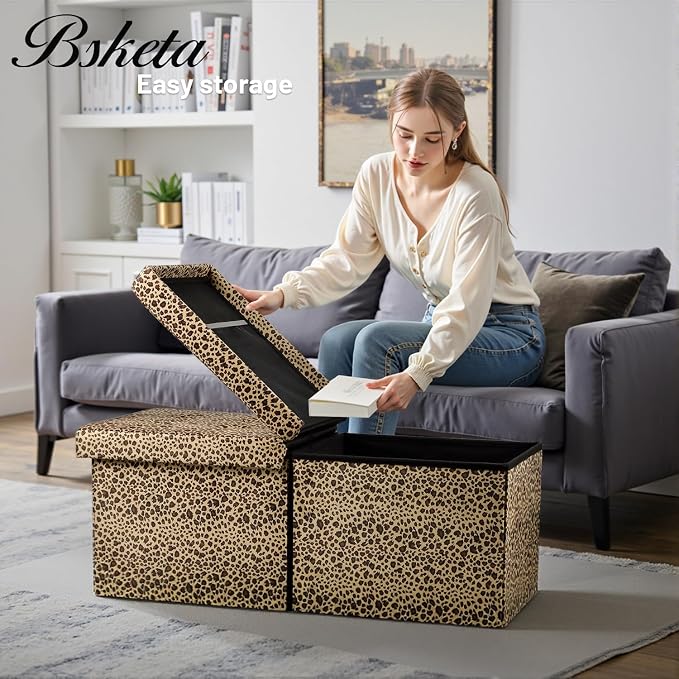 Bsketa Storage Ottoman Bench with Folding Lid Ⅲ, Foot Stools Opens on Both Ends, Footrest Foldable Velvet Chest for Living Room, Bedroom, Entryway, End of Bed Storage Blanket Ottomans Leopard Print
