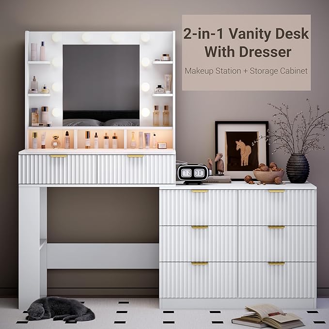 Vanity Desk with Mirror and Lights, Fluted Makeup Vanity with 8 Drawers, Storage Shelves, RGB Light and Power Outlet, Bedroom Dessing Table for Women, Girls, White,56.7"