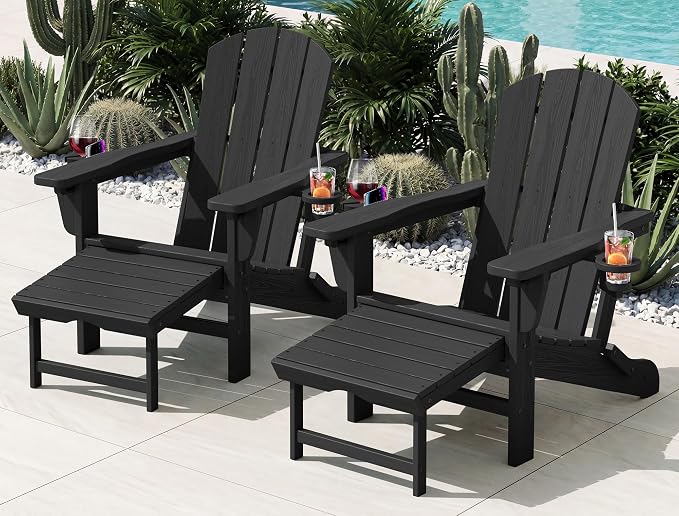 KINGYES Folding Adjustable Adirondack Chair with Ottoman Set of 2, HDPE Outdoor Chair with Retractable Footrest and Cup Holder, Wood-Like Recliner Versatile Adirondack Chair, Black