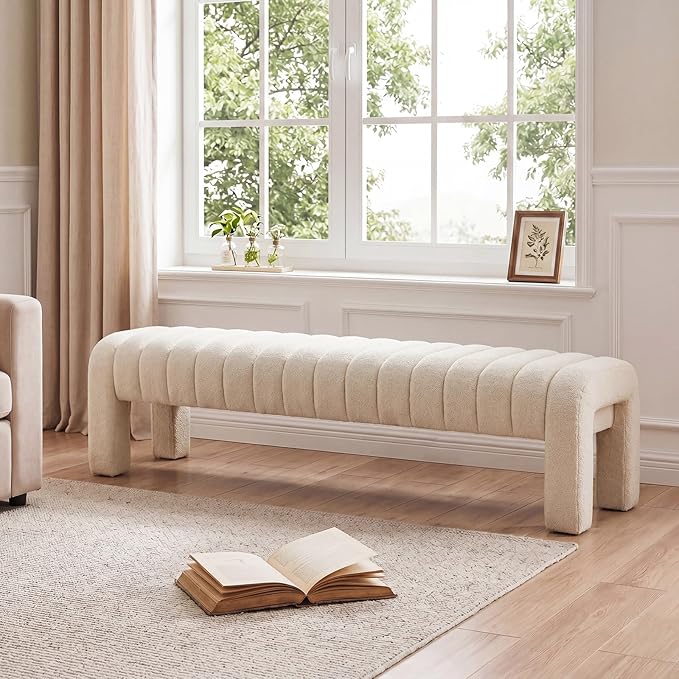 63’’ Bedroom Bench, Upholstered End of Bed Bench with Solid Wood Legs, Modern Cushioned Dining Bench with Full Covered Fabrics for Entryway, Bedroom, Living Room (Beige, Linen)