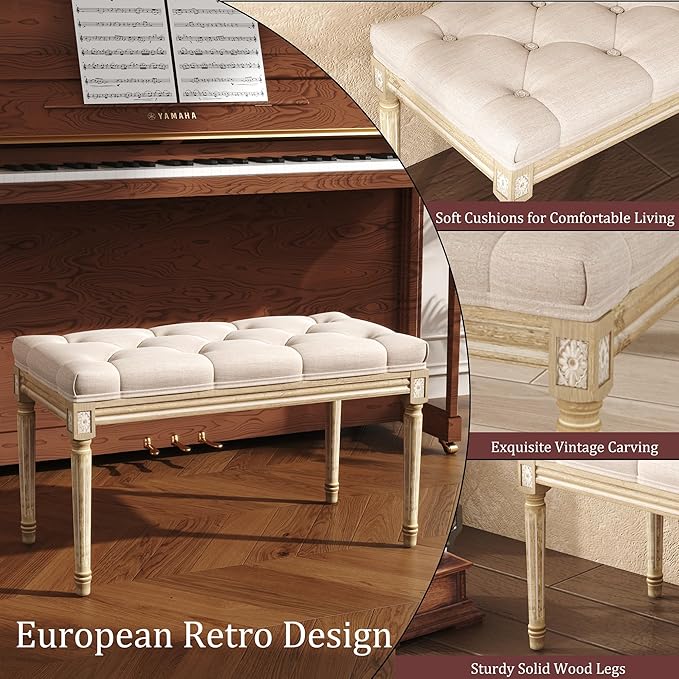 Yusong Upholstered Bench, Bedroom Bench for End of Bed, Piano Bench with Button Tufted Padded Seat for Living Room, Dining, Entryway, Shoe, Vanity Foot-Stool with Carved Wood Legs, Beige