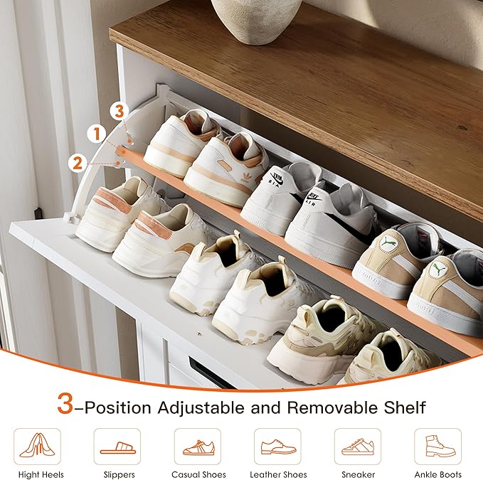 Nicetree Shaker Barn Door Shoe Cabinet, 3 Flip Drawers & 3Tier Adjustable Shelves, Ultra Slim Freestanding, Modern Rustic Brushed White Farmhouse Shoe Rack for Entryway, Hallway, Foyer & Mudroom White