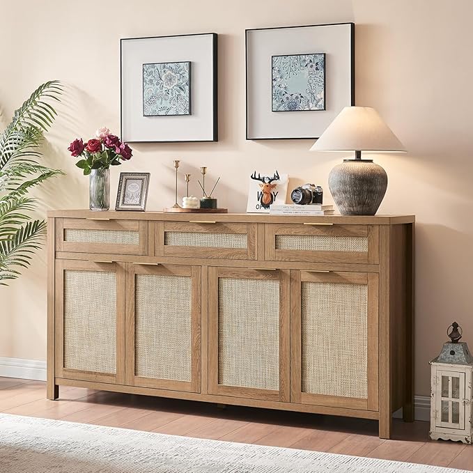 HOKYHOKY 2 Piece Rattan Sideboard Buffet Cabinet, Boho Storage Cabinet with Adjustable Shelves, Farmhouse Credenza Coffee Bar Cabinets with Doors & Drawers for Living Room, Hallway&Kitchen