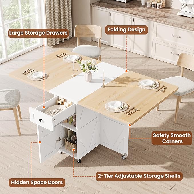 Folding Dining Table for Small Spaces, Space Saving Foldable Kitchen Table with Drawer & Storage Shelf, Rolling Drop Leaf Dining Table with Wheels for Dining Room (Natual 47.2" x 23.6" x 29.5")