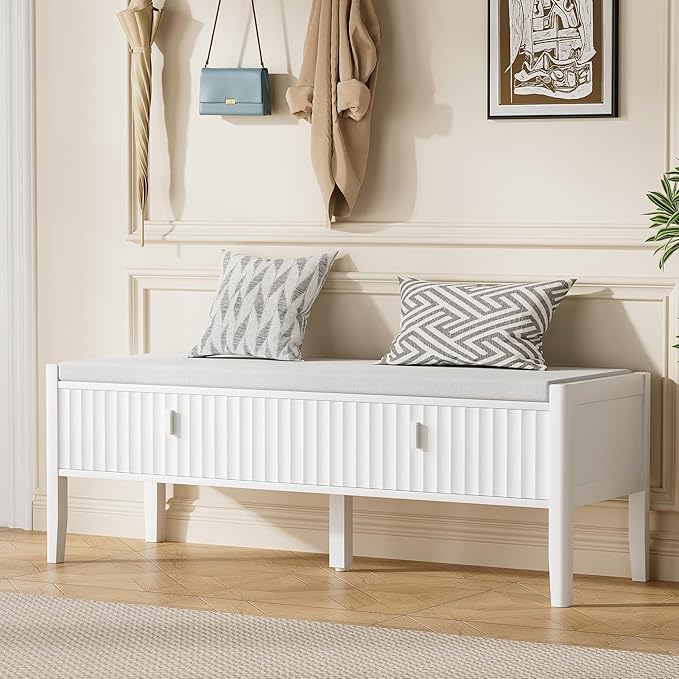 Furniway White Fluted Shoe Bench with 2 Drawers, Entryway Storage Bench with Thick Padded Cushion Seat, Open Bottom Shoe Storage Shelf for Hallway, Living Room, Bedroom, 47.2" W