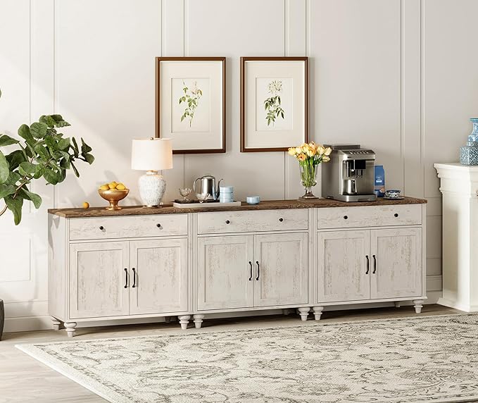 WAMAPT Rustic White Buffet Cabinet with 6 Doors and 3 Drawers, Large Coffee Bar Table Wood Kitchen Storage Cabinets, Modern Farmhouse Sideboard Credenza for Dining Room, 101 inch