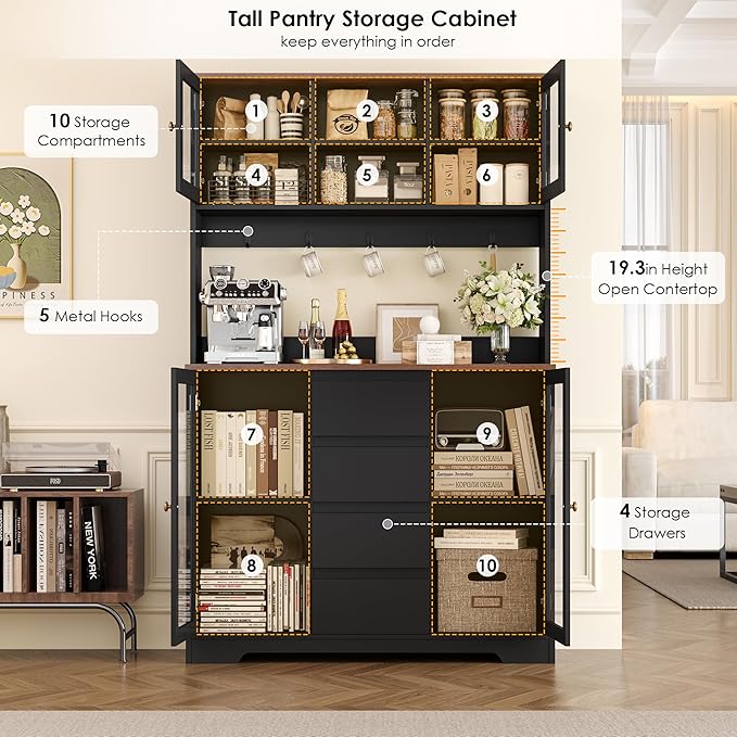 HIFIT 71" Tall Coffee Bar Cabinet with Storage and Large Countertop, Kitchen Hutch with 4 Drawers & 5 Metal Hooks & 4 Doors & Microwave Stand, Black Kitchen Pantry Cabinet for Dining Room