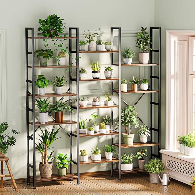 SUPERJARE Triple Bookshelf, Bookcase with 17 Open Display Shelves, Wide Book Shelf Book Case for Home & Office, 6 Tier, Brown, ABC003Z
