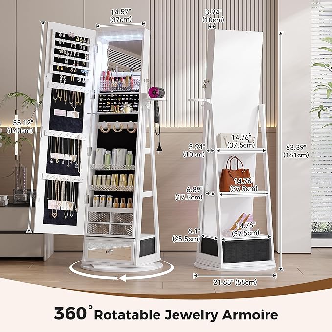 HWB Jewelry Storage Cabinet with LED Full-Length Mirror, 360° Swivel Standing Jewelry Organizers with Shelves & Drawer Storage, Jewelry Armoire with Remote Control Lights, White