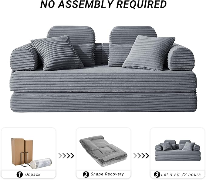 78.8" Convertible Sofa Bed with High Backrest Headrest, 5-in-1 Corduroy Boneless Couch with Side Pocket, Sleeper Loveseat Couch Bed Sectional Couches for Living Room, No Assembly, Gray