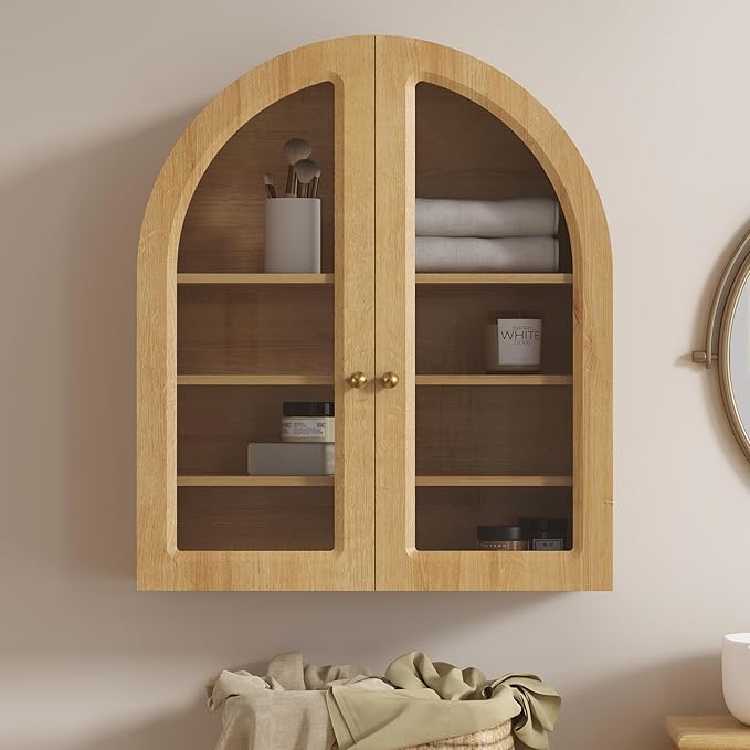 EYYTHUNG Arched Wall Cabinet, Large Bathroom Medicine Wall Mounted Cupboard, Farmhouse Floating Storage Cabinet with Acrylic Door Adjustable Shelf, Wood Organizer (Natural Oak)